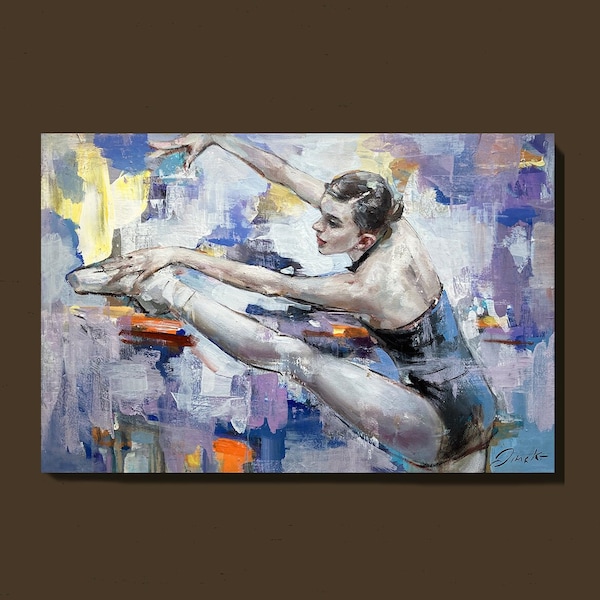 Ballerine peinture originale sur toile 20 x 30 par Dima K huile acrylique jeune fille Portrait femme danseuse figure Art moderne abstrait oeuvre noir bleu