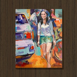 GIRL PORTRAIT Original Painting on 30x24 Canvas by Dima K City Street Scene Young Woman Figure Smile Face Statement Artwork Wall Art Decor