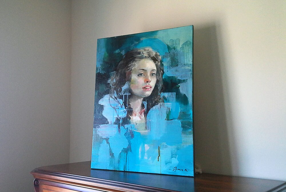 GIRL PORTRAIT in BLUE Tones Original Oil Painting on 24x18 Canvas