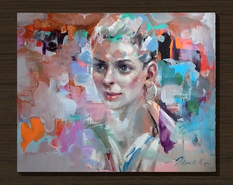 PORTRAIT of a GIRL With Earring Original Oil Painting on 16x20 Canvas by Dima K Multicolor Woman Face Abstract Impressionism Original Art
