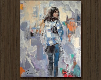 PORTRAIT of YOUNG GIRL Original Oil Painting on 20x16 Canvas by Dima K City Street Scene Girl Figure  Artwork Abstract Wall Art Gift for Mom