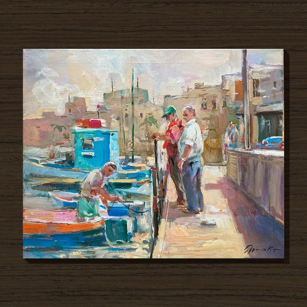 3 MEN and a BOAT Original Oil Painting on 16x20 Canvas by Dima K Mediterranean Italian Port Landscape Genre Scene Impressionism Wall Art