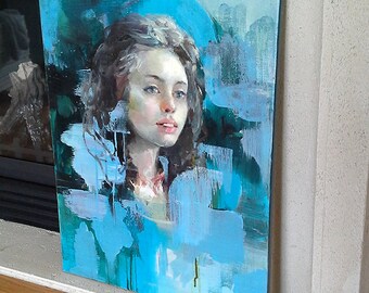GIRL PORTRAIT in BLUE Tones Original Oil Painting on 24x18 Canvas
