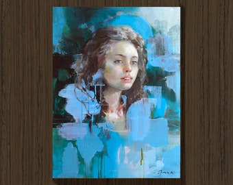 GIRL PORTRAIT in BLUE Tones Original Oil Painting on 24x18 Canvas by Dima K Young Woman Beautiful Face Art Abstract Artwork Gift for Mother