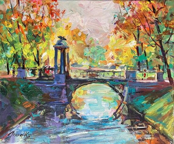 Buy PARK BRIDGE LANDSCAPE Original Painting on 16x20 Canvas by Dima K  Nature Fall Trees Pond Lake River Canal Water Reflection Original Art Gift  Online in India 