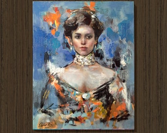VICTORIAN LADY Original Oil Painting on 20x16 Canvas by Dima K Girl Portrait Woman Face Modern Abstract Art Blue Orange Black Gift for Mom