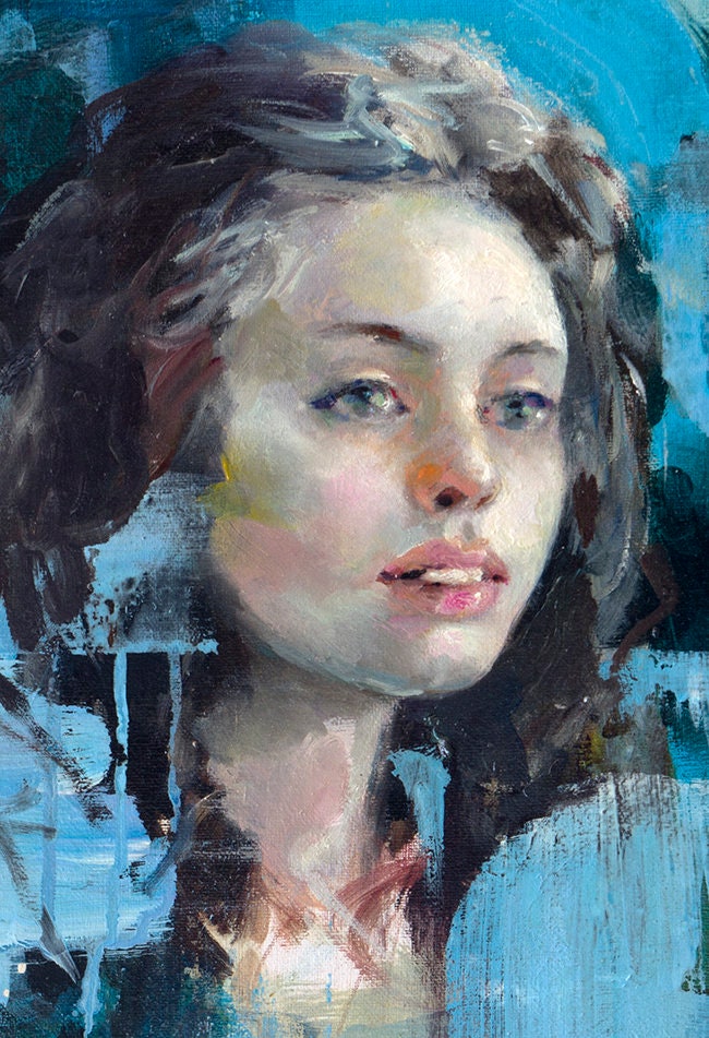 GIRL PORTRAIT in BLUE Tones Original Oil Painting on 24x18 Canvas