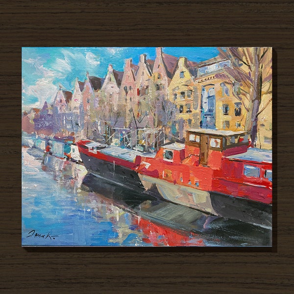 AMSTERDAM, BATEAU ROUGE, peinture originale sur toile 16 x 20 par Dima K Canal paysage hollandais paysage urbain paysage aquatique impressionnisme Art abstrait cadeau