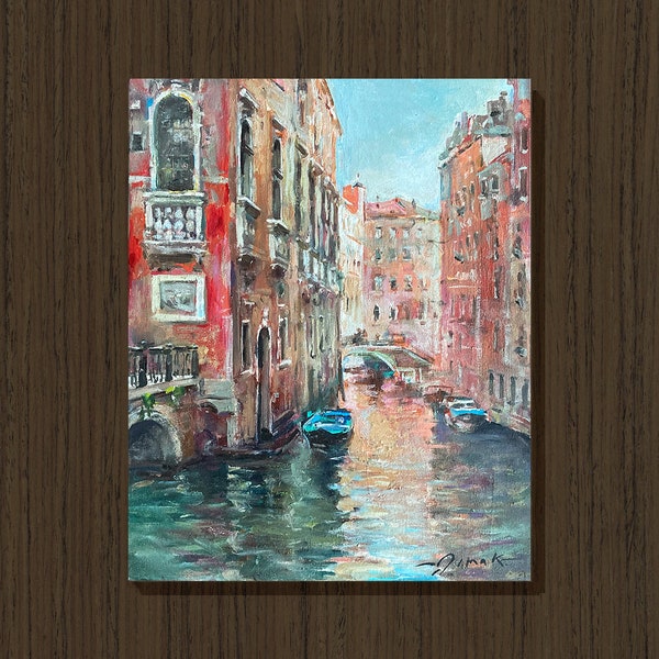 VENICE CANAL Original Oil Painting on 20x16 Canvas by Dima K Italian Landscape Cityscape Street Scene Bridge Boats Water Reflections Artwork