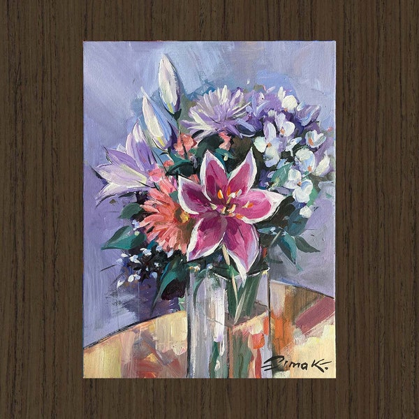 PINK LILY Original Painting on Small 16x12 Canvas by Dima K, Floral Artwork, Flowers in Vase, Still Life, Art Gift for Mom, Grandma, Friend