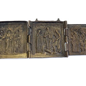 Antik cirka 1800-talets rysk-ortodoxa triptyk Deesis resande mässingsikon