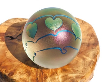 Rare Vintage 1985 Signed Eickholt Studio Art Glass Aurene Iridescent Triple Hearts Gift Paperweight, Gift for Her, Gift for Him