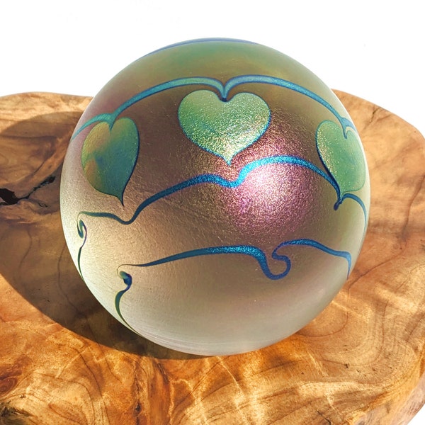 Rare Vintage 1985 Signed Eickholt Studio Art Glass Aurene Iridescent Triple Hearts Gift Paperweight, Gift for Her, Gift for Him