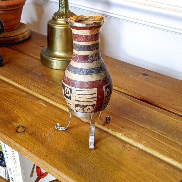 Vintage Handmade Pre-Colombian Terra Cotta Sterling Silver Polychrome Urn Vase Replica with Heavy Solid Sterling Silver Display Stand