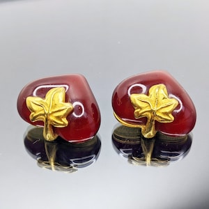 Vintage Givenchy Red Lucite Heart Clip-On Earrings: Gold Maple Leaf, 1980s Couture