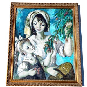 Vintage Josefina Tanganelli Plana Gemälde: Mutter & Kind Öl auf Leinwand