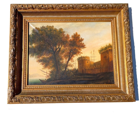 Antique Neapolitan School Oil Painting: Bay of Naples Antique Neapolitan School Oil Painting: Bay of Naples