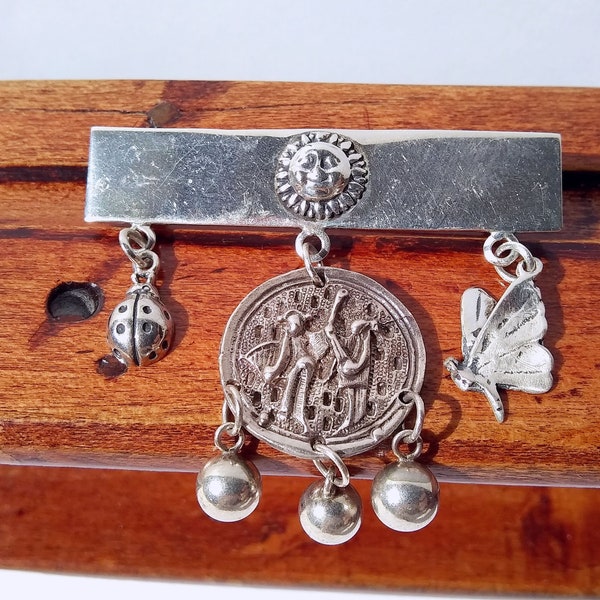 OOAK Unique Vintage Great Falls Metalworks Sterling Silver Lady Bug Butterfly Antique Chinese 3 Charms Happy Sun Dangle Brooch, Gift for Her