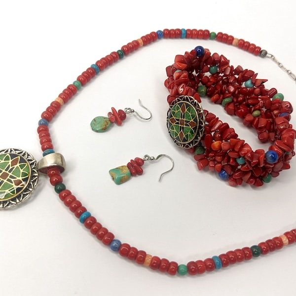 Rare Carolyn Pollack Relios Southwestern Sterling Silver Coral Turquoise Lapis Necklace Pendant Bracelet Earrings Gift Set, Gift for Her