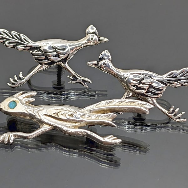 Vintage 1950's Handmade Artisan Taxco Mexico Sterling Silver Road Runner Earrings and Zuni Sterling Silver Turquoise Road Runner Brooch Set