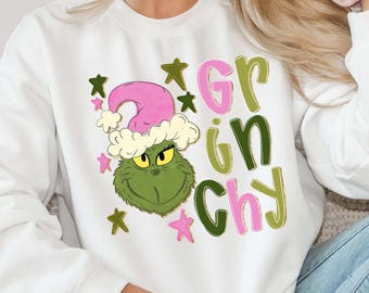 Faux Glitter Grinchy Sweatshirt, Grinch Christmas Sweater, Funny Christmas Shirt, Cute Christmas Party Shirt, Cute Holiday Hoodie