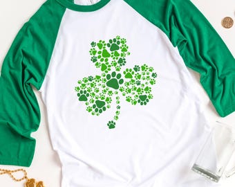 Paw Print St Patrick's Day Shirt, Dog Mom Shirt, Girls St Patricks Day T Shirts for Women, Cute St Patricks Tee, Family Matching Raglan Tee
