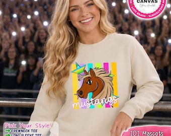 Camiseta con la mascota del Mustang / Camiseta con el espíritu del Mustang / Sudadera del Mustang / Sudadera con capucha del Mustang / Camiseta con el espíritu escolar / Ropa de equipo