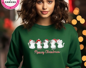 クリスマス猫スウェットシャツ、かわいい猫のクリスマスシャツ、子猫のクリスマスパーカー、猫好きへのギフト、猫ママのセーター、ホリデーパーカーギフト
