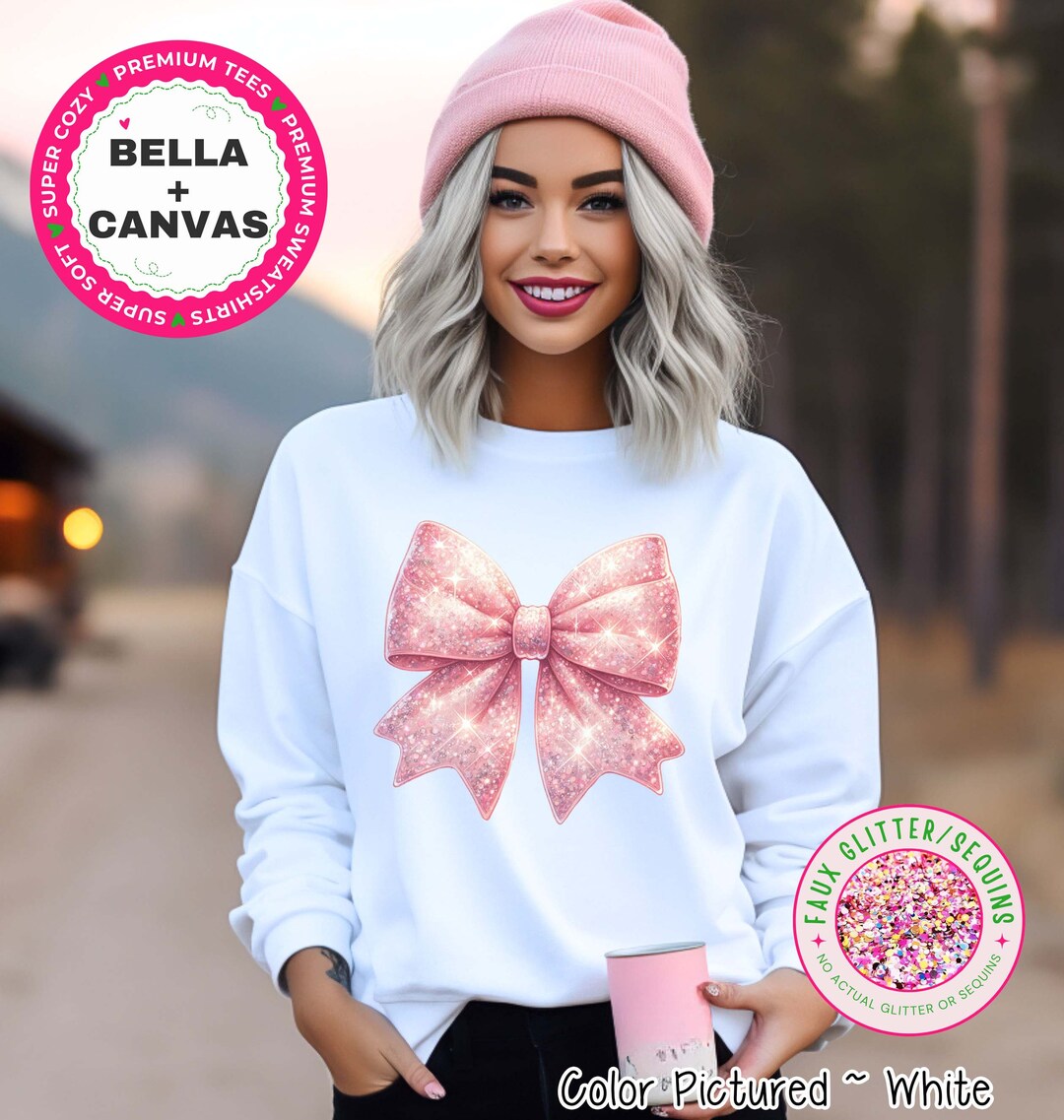 Coquette Faux Glitter Pink Bow Girly Sweatshirt, Preppy Pink Bow Shirt ...
