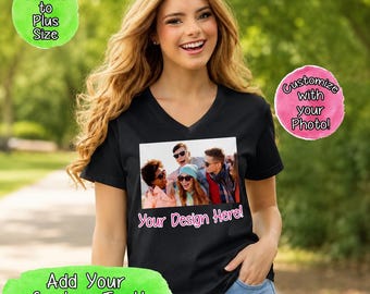 Custom Photo Shirt V Neck, Your Photo and Any Text, V Nerck T-shirt With Your Picture, Custom Photo Women Men Unisex Kids,Personalized Gifts