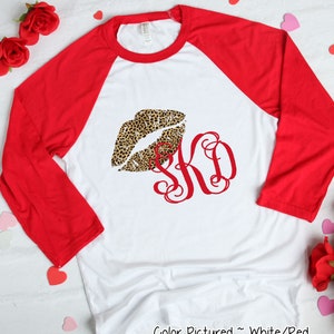 Custom Monogram Leopard Lips Valentines Day Shirt, Cheetah Lips Valentines Day Shirts for Women, Heart Shirt,Cute Valentine Shirt,Raglan Tee