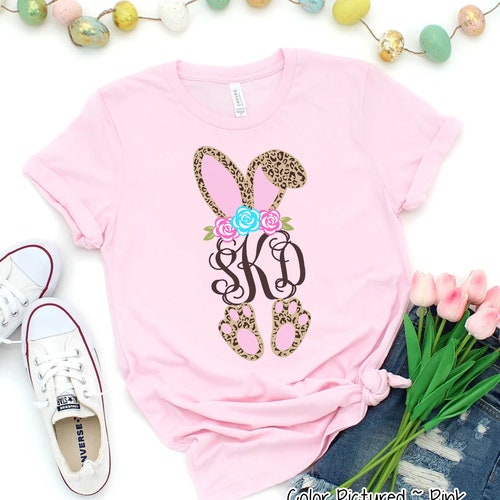 Chemise de Pâques monogramme oreilles de lapin léopard, chemise lapin de Pâques, jolie chemise de Pâques pour fille pour femme, chemise de Pâques personnalisée, t-shirt assorti famille de Pâques