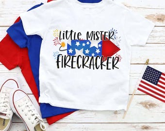 Little Mister Firecracker Patriotic Shirt, Toddler Patriotic Shirt, Boys 4th of July Shirt, Independence Day Shirt, Red White Blue Shirt