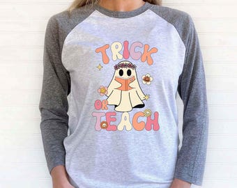 Trick Or Teach Teacher Halloween Shirt - Cute Raglan Tee