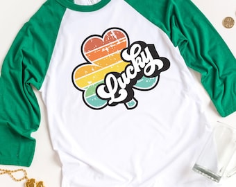 Lucky Retro Happy St Patrick's Day Shirt, Shamrock Shirt, Saint Patricks Day Shirt, St Paddys Day Shirt, Family Matching Raglan Tee