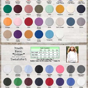 The image is a color swatch for youth clothing, including a variety of sweatshirts and hoodies in different colors and styles.