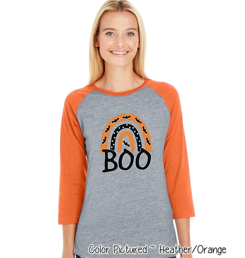 Halloween Boo Rainbow Shirt, Cute Halloween Shirt, Girls Halloween Tee, Kids Halloween Tee, Halloween Shirt for Her, Family Matching, Raglan image 2