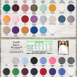 The image is a color swatch for youth clothing, including a variety of sweatshirts and hoodies in different colors and styles.