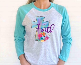 Watercolor Faith Cross Tee: Christian Easter Raglan Shirt