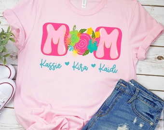Personalisiertes rosa Doodle-Mama-Shirt, individuelles Mama-Shirt, Kindernamen-Shirt, Geschenk für Mama, Muttertagsgeschenk für sie zum Geburtstag