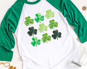 Watercolor Clover St Patrick's Day Shirt, Shamrock Shirt, Saint Patricks Day Shirt, St Paddys Day Shirt, Family Matching Shirt Raglan Tee