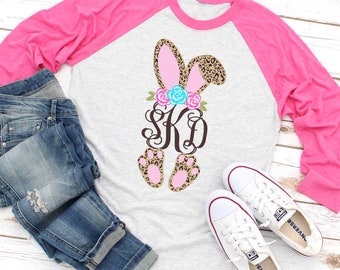 Monogramm Leopard Hase Ohren Ostern Shirt, Osterhase Shirt, Mädchen niedlichen Ostern Shirt für Frau, benutzerdefinierte Ostern Shirt, Ostern Familie Shirt, Raglan
