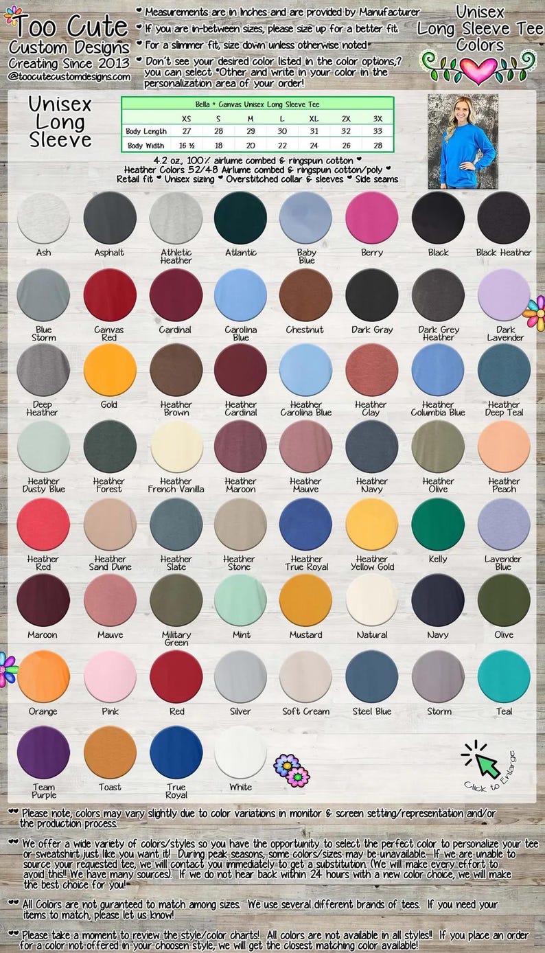 The image is a collage of various color swatches for a long sleeve t-shirt, providing a range of colors and patterns for customers to choose from.