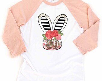 Monogram Bunny Ears Shirt: Cute Easter Raglan Tee for Women