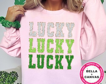 Maglione portafortuna con toppa in ciniglia sintetica, graziosa maglietta per il giorno di San Patrizio da donna, maglietta portafortuna, felpa per il giorno di San Patrizio, regalo per lei, felpa con cappuccio a forma di trifoglio