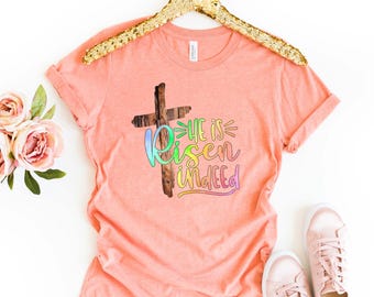 He Is Risen Easter Shirt - Wood Cross Design Tee for Women
