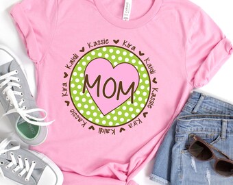 Personalisiertes Kreis-Mama-Shirt, individuelles Mama-Shirt, Kindernamen-Shirt, Geschenk für Mama, Muttertagsgeschenk für sie, Weihnachtsgeschenk zum Geburtstag