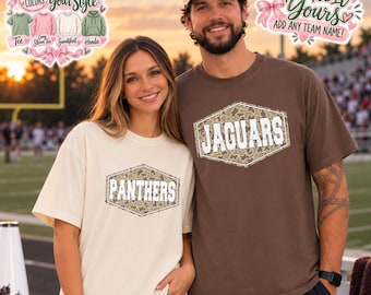 Custom School Spirit Shirt, Camo Team Name Comfort Colors Tee, Long Sleeve, Personalized Sweatshirt or Hoodie