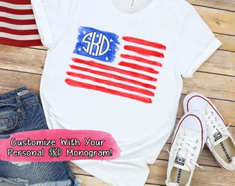 Watercolor American Flag Monogram Shirt, Personalized 4th of July Shirt, Independence Day Shirt, American Flag Shirt, Red White Blue Shirt