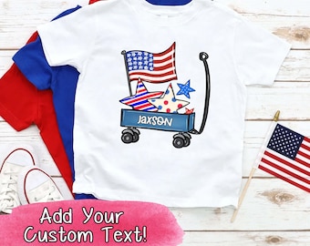 Custom Name Vintage Wagon Patriotic Shirt, Personalized Toddler Shirt, Boys 4th of July Shirt, Independence Day Shirt, Red White Blue Shirt
